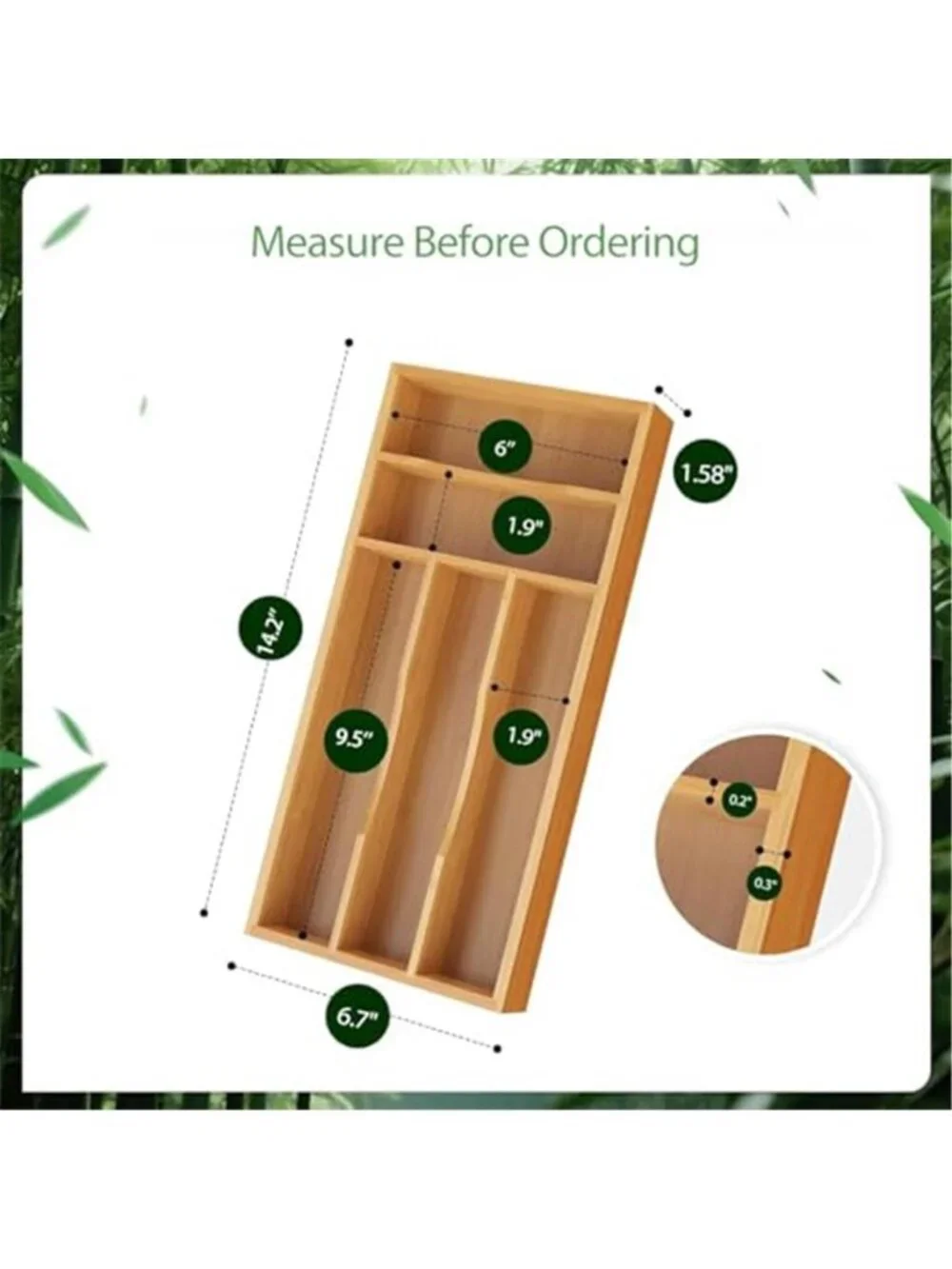 Bamboo Silverware Drawer Organizer 5 Slot Flatware Utensil Divider Kitchen